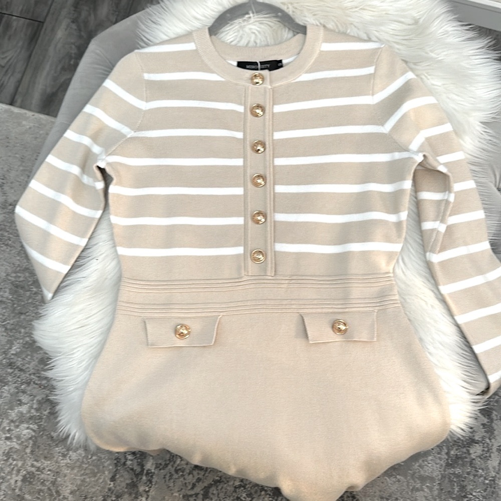 Striped Beige Long Sleeve Dress Ultra Soft Sz SM NEW! - Picture 3 of 5